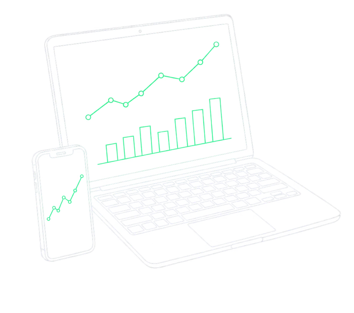 A line drawing of a laptop and a phone showing charts